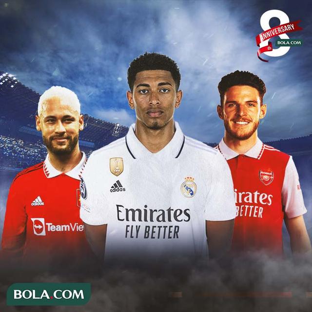Ilustrasi - Neymar berseragam MU, Bellingham berseragam Real Madrid, Declan Rice berseragam Arsenal