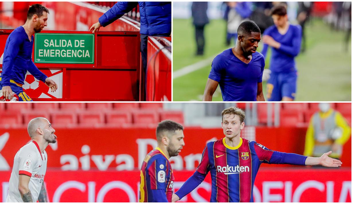 Para pemain Barcelona tak mampu menutupi kekecewaan usai digilas Sevilla pada laga leg pertama semifinal Copa del Rey. Berikut reaksi Lionel Messi dkk usai dipermalukan Sevilla dua gol tanpa balas.