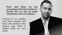 Teuku Zacky Umumkan Mundur dari Miss Universe Indonesia, Singgung Soal Otoritas.&nbsp; (dok.Instagram @teukuzacky/https://www.instagram.com/p/DJRRmYWv_I1/Henry)