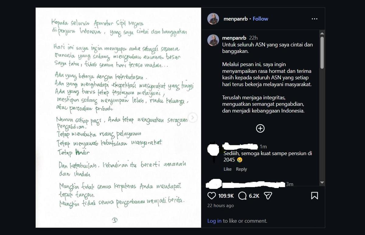 Tangkapan layar surat MenPAN-RB Rini Widyantini.