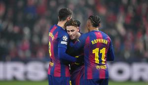 Fermin Lopez merayakan gol kedua timnya dalam laga Liga Champions antara Slavia Praha vs Barcelona di Fortuna Arena, 22 Januari 2026. (AP Photo/Petr David Josek)