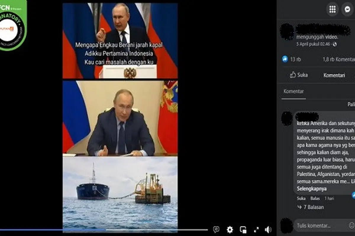 Gambar Tangkapan Layar Video yang DiklaimPresiden Rusia Vladimir Putin Marah karena Kapal Pertamina Dijarah oleh Denmark (sumber: Facebook).