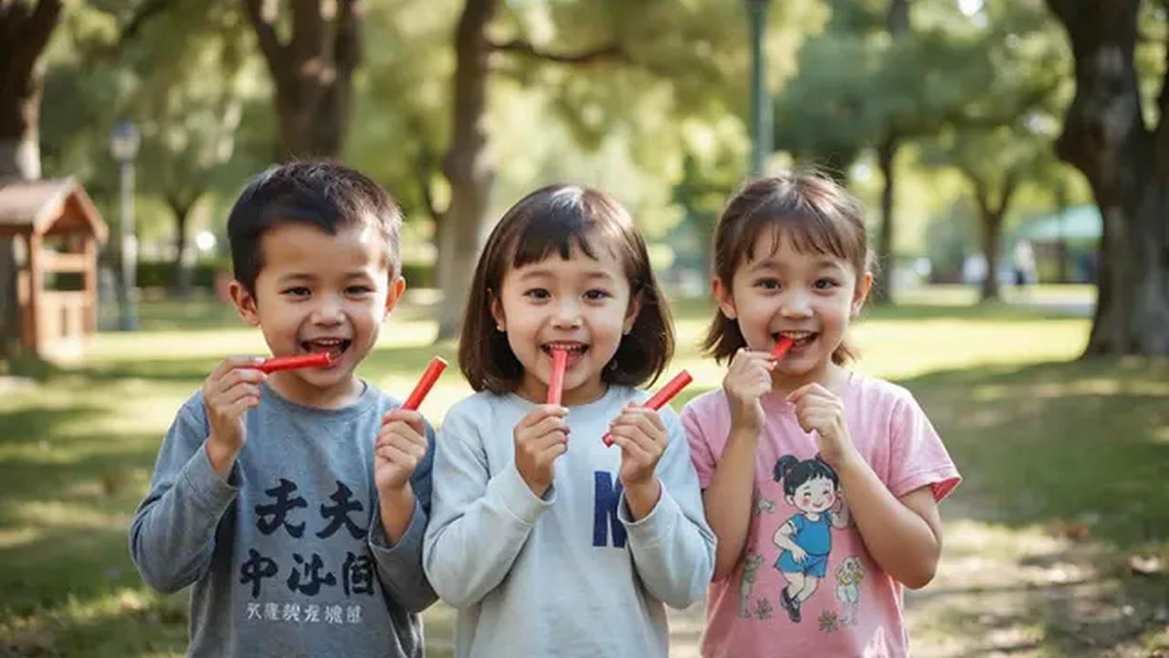 Ilustrasi anak-anak sedang asyik memakan jajanan pedas Latiao. (Foto by AI)