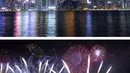 Gambar kombo Pelabuhan Victoria pada Malam Tahun Baru tahun 2021 di Hong Kong, foto teratas diambil pada Kamis, 31 Desember 2020, dan bawah pada hari Selasa, 1 Januari 2019, kembang api meledak di atas Pelabuhan Victoria selama Malam Tahun Baru untuk merayakan awal tahun 2019. (AP Photo/Kin Cheung)