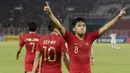 Gelandang Indonesia, Witan Sulaeman, melakukan selebrasi usai membobol gawang Uni Emirat Arab (UEA) pada laga AFC di SUGBK, Jakarta, Rabu (24/10/2018). Indonesia menang 1-0 atas UEA. (Bola.com/M Iqbal Ichsan)