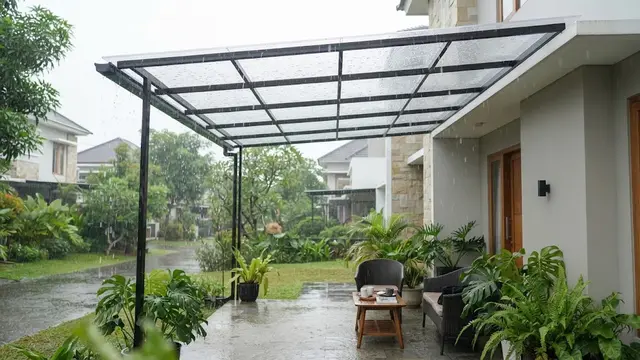 Desain Penutup Teras Transparan yang Melindungi dari Hujan Tanpa Menghalangi Cahaya