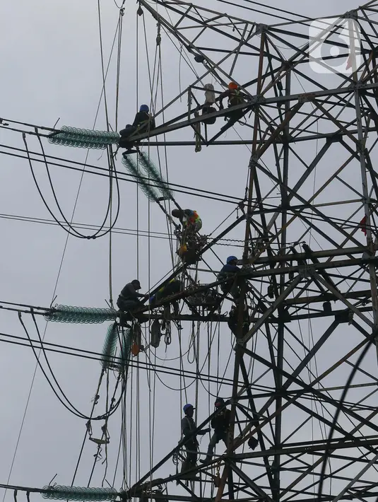 Pekerja menyelesaikan pekerjaan jaringan SUTET di Tangerang, Banten, Senin (2/1/2021).
Pasukan ini dikenal dengan tim Pekerjaan Dalam Keadaan Bertegangan (PDKB). (Liputan6.com/Angga Yuniar)