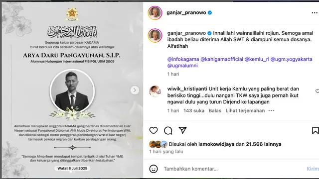 Mantan Gubernur Jawa Tengah Ganjar Pranowo menyampaikan ucapan dukacita atas meninggalnya diplomat muda Kementerian Luar Negeri. (@ganjarpranowo)