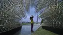 Seorang pria mengambil gambar instalasi seni seniman China Ai Weiwei yang berjudul 'Forever Cycles' di Rio de Janeiro, Brasil, Senin (19/8/2019). Instalasi Ai Weiwei ini akan dibuka pada 21 Agustus 2019. (CARL DE SOUZA/AFP)