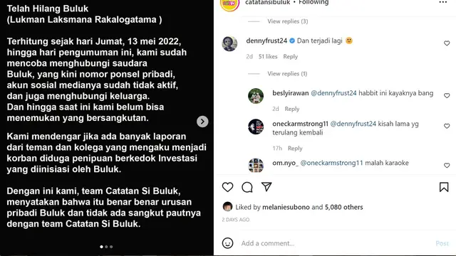 Pernyataan tim Catatan Si Buluk atas menghilangnya Buluk Superglad setelah terseret dugaan kasus penipuan. (Instagram @catatansibuluk)