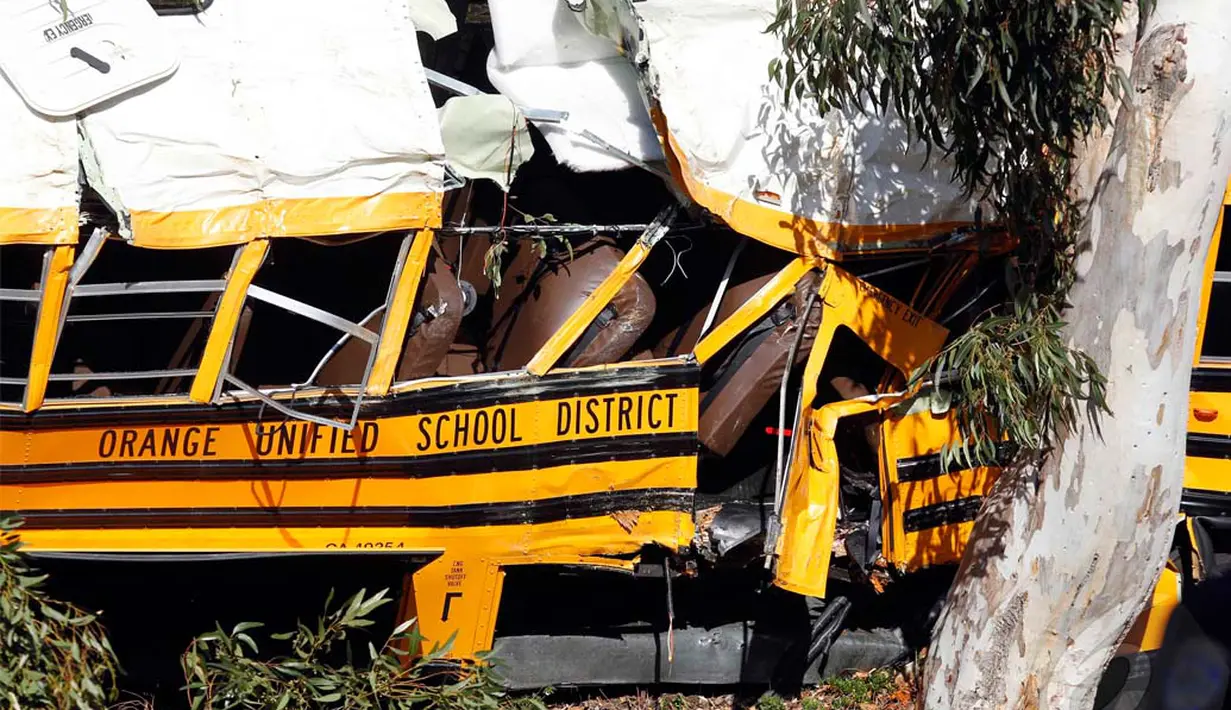 Bus sekolah itu keluar jalur dan menabrak pohon, belum diketahui penyebab kecelakaan karena sang sopir dalam kondisi kritis, Anaheim, California, Kamis (24/04/2014)(REUTERS/Alex Gallardo).