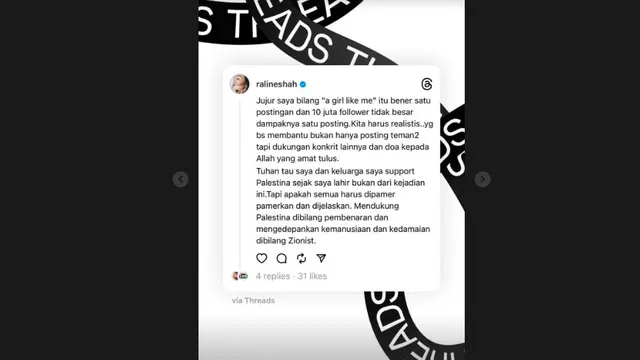 Raline Shah Bereaksi Usai Dirujak Warganet Imbas Komentar Soal Konflik Israel vs Palestina: Tuhan Tahu Saya Support Palestina Sejak Lahir. (instagram.com/ralineshah)