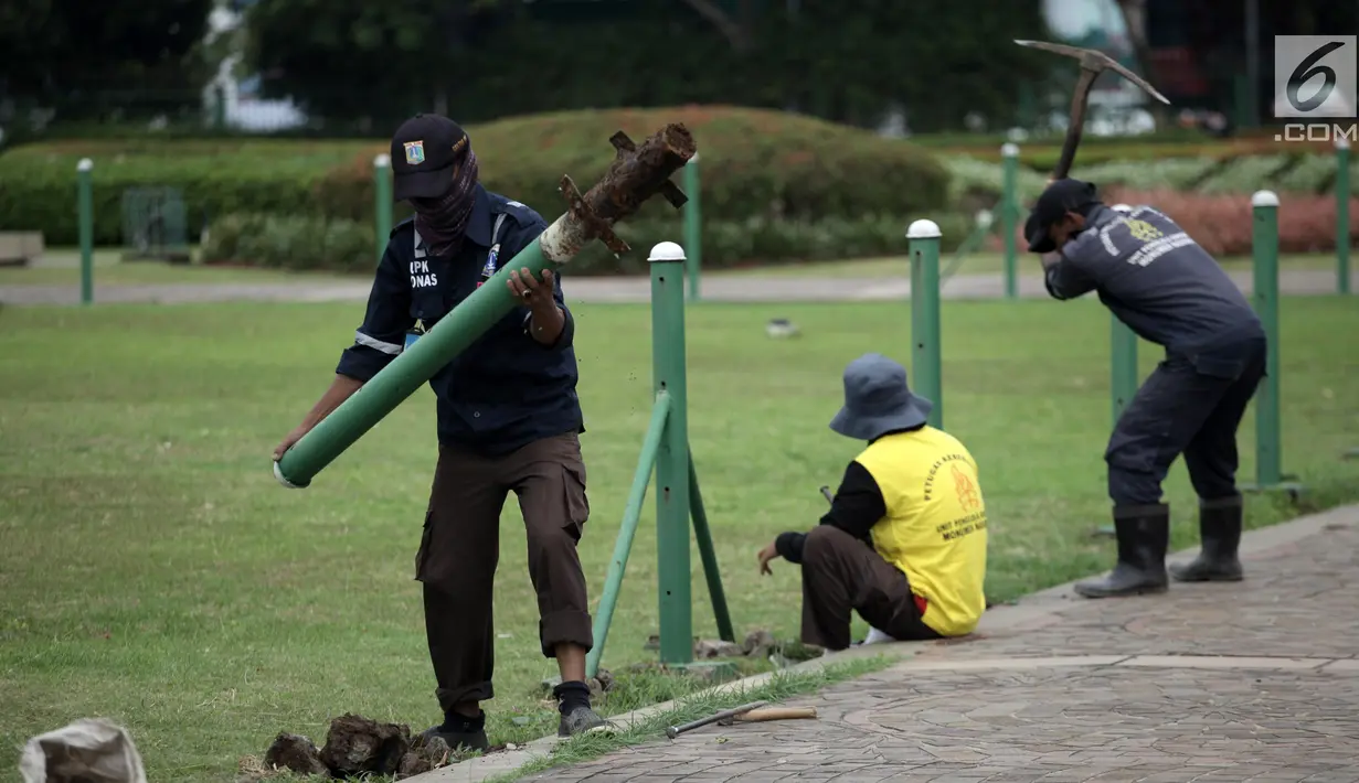 Petugas UPK Monas mencabut pagar pembatas rumput di kawasan Monas, Jakarta, Jumat (11/1). Meskipun pagar pembatas dicopot, Wagub DKI Sandiaga Uno meminta masyarakat tetap menjaga kebersihan dan kerapian kawasan Monas. (Liputan6.com/Arya Manggala)