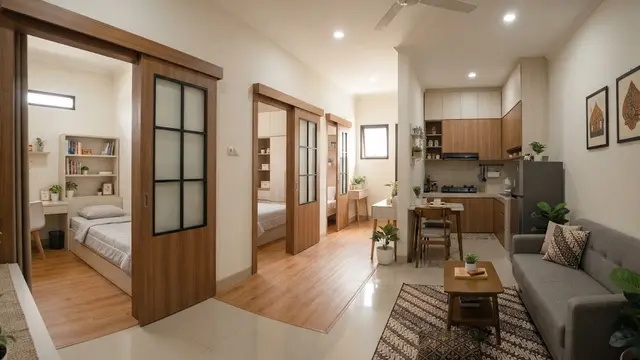 Desain rumah 3 kamar yang tetap lega tanpa menambah luas bangunan model gunakan pintu geser di area tertentu