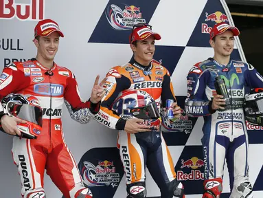 Andrea Davizioso, Marc Marquez, dan Jorge Lorenzo merupakan tiga pebalap yang bakal start terdepan di Circuit of The Americas (COTA), Minggu (12/4/2015). (AP Photo/Tony Gutierrez) 