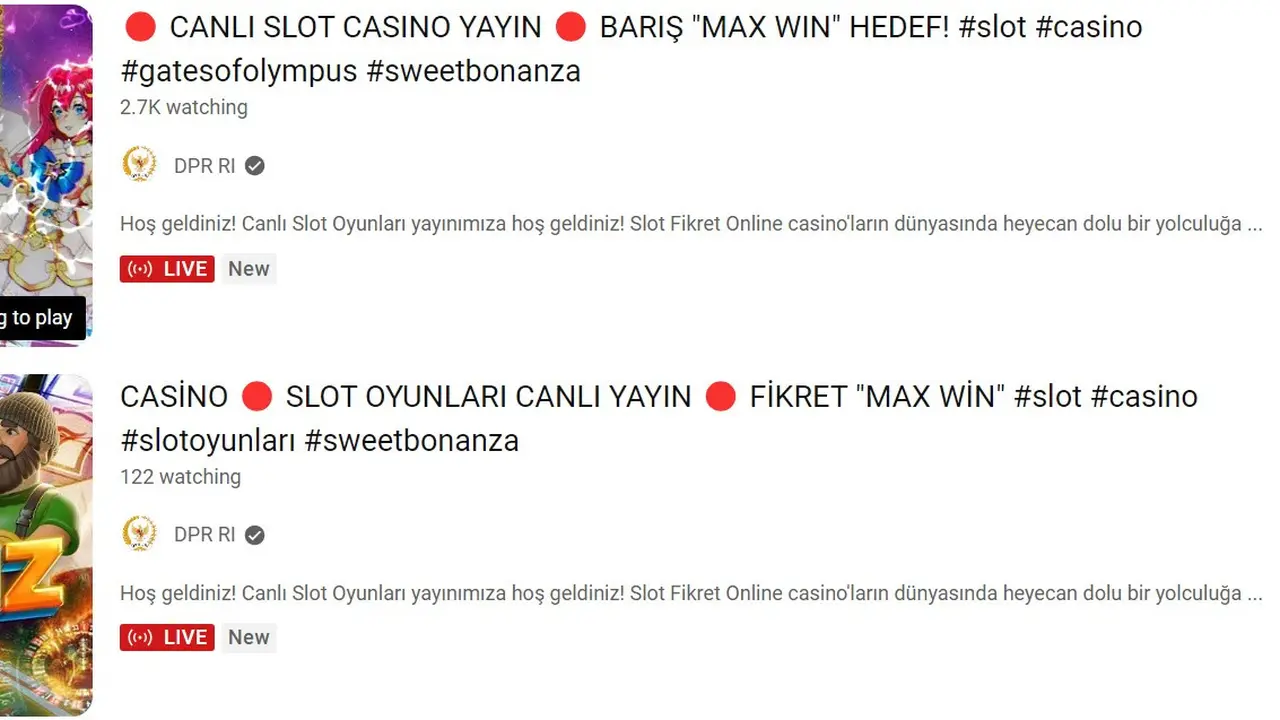 Youtube DPR RI dihack atau dibajak sehingga menampilkan siaran langsung judi online atau game slot.