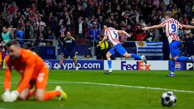 Selebrasi Johnny Cardozo di laga Atletico Madrid vs Club Brugge di leg kedua playoff Liga Champions 2025/2026 di Riyadh Air Metropolitano, Rabu (25/02/2026).