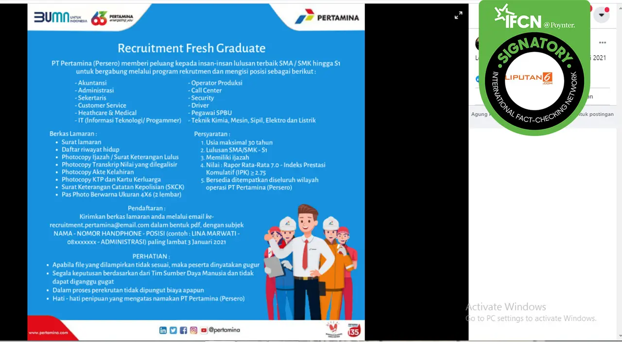 Hoaks lowongan kerja Pertamina untuk tahun 2021.jpg
