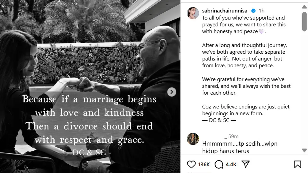 Pernyataan bersama Deddy Corbuzier - Sabrina Chairunnisa soal isu perceraian. (Instagram/ sabrinachairunnisa_ - mastercorbuzier)