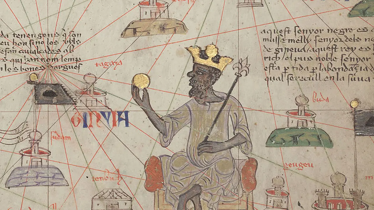 Mansa Musa duduk di atas takhta dan memegang koin emas (Wikipedia/Public Domain)