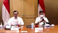 Menteri Koordinator bidang Kemaritiman dan Investasi Luhut Binsar Pandjaitan saat konferensi pers PPKM diperpanjang di Jakarta, Senin (4/10/2021).
