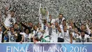 Real Madrid meraih trofi Liga Champions ke-11 setelah menang adu penalti 5-3 atas Atletico Madrid dalam final di Stadion San Siro, Milan (28/5/2016). (Reuters/Stefano Rellandini)
