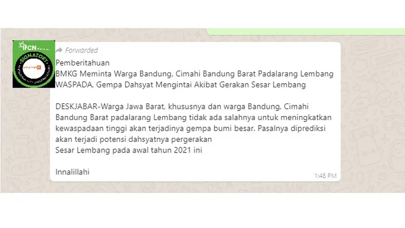 Cek Fakta Liputan6.com menelusuri informasi potensi gempa dasyat pergerakan Sesar Lembang pada awal 2021