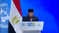 Wakil Presiden Ma'ruf Amin berpidato di KTT COP27 yang digelar di Sharm El Sheikh, Mesir, Senin (7/11/2022). (dok. BPMI-Setwapres)