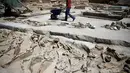 Pekerja mendorong gerobak di dekat kerangka tubuh manusia yang terikat pada pergelangan tangannya di pemakaman kuno Falyron Delta di Athena, 27 Juli 2016. Puluhan kerangka itu ditemukan arkeolog yang sedang bekerja di Yunani (REUTERS/Alkis Konstantinidis)