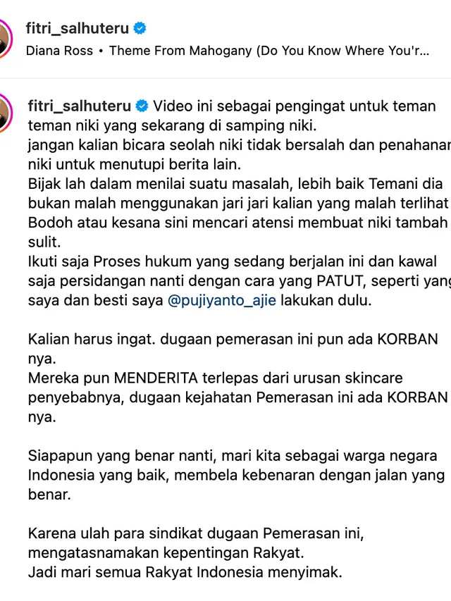 Unggahan Fitri Salhuteru. (Foto: Dok. Instagram @fitri_salhuteru)