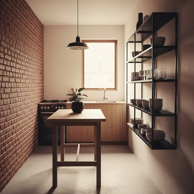 Dapur Rumah Kecil dengan Kombinasi Bata Ekspos dan Rak Besi Hitam