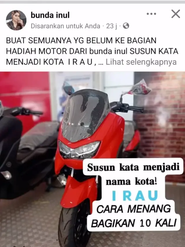 Unggahan penipuan bermodus bagi-bagi sepeda motor gratis mencatut nama Inul Daratista. (Foto: Dok. Instagram @inul.d)