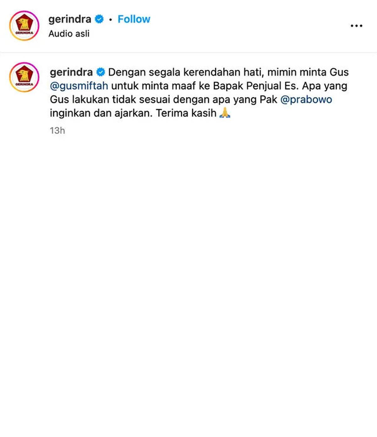 Sebelum Gus Miftah Minta Maaf, Gerindra Unggah Pidato Prabowo Hormati Pedagang Kali Lima dan Ojol
