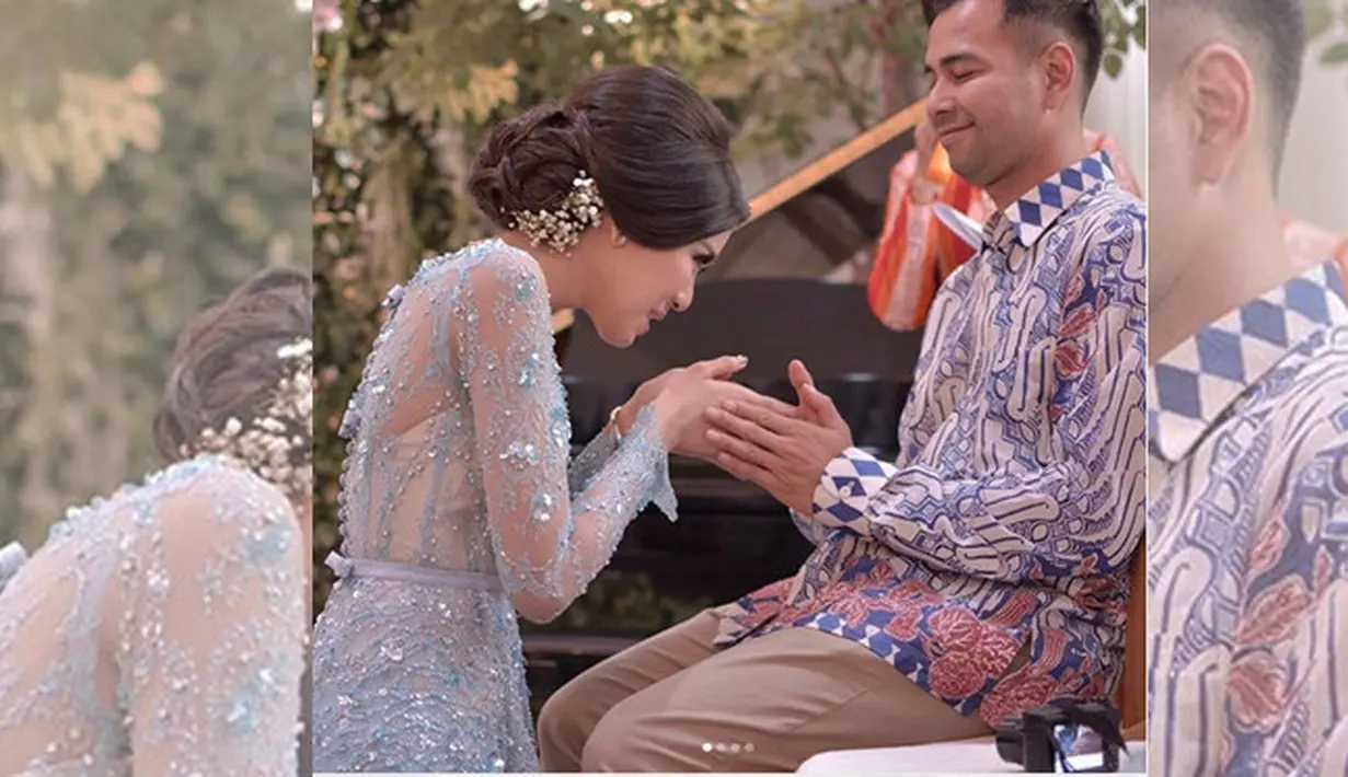 Sebagai anak pertama, ayah satu anak itu bertugas mengantikan peran ayahnya. Ia mengaku canggung dengan proses sungkeman tersebut. (Instagram/raffinagita1717)