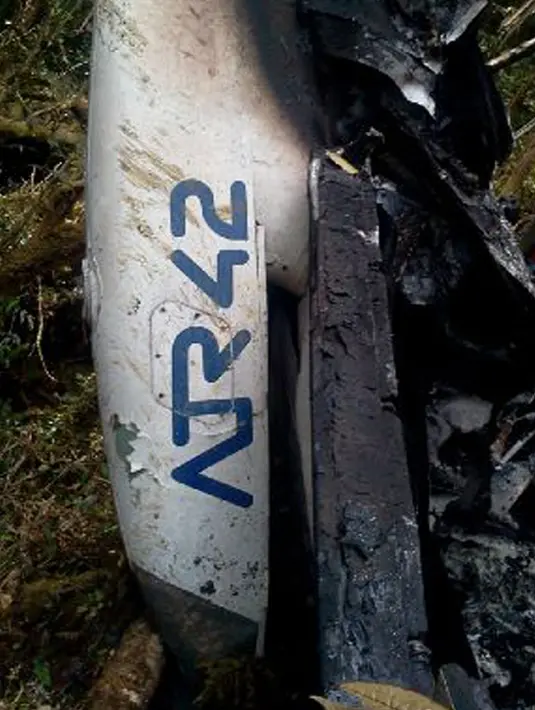 Bagian pesawat ATR 42 milik Trigana Air IL 257 yang ditemukan di Oksob, Pegunungan Bintang, Papua, Selasa (18/8/2015). Pesawat yang membawa 54 penumpang tersebut ditemukan dalam keadaan hancur dan terbakar. (Istimewa)