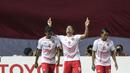 Striker Indonesia, Alberto Goncalves, melakukan selebrasi usai mencetak gol ke gawang Laos pada laga Asian Games di Stadion Patriot, Jawa Barat, Jumat (17/8/2018). (Bola.com/Peksi Cahyo)