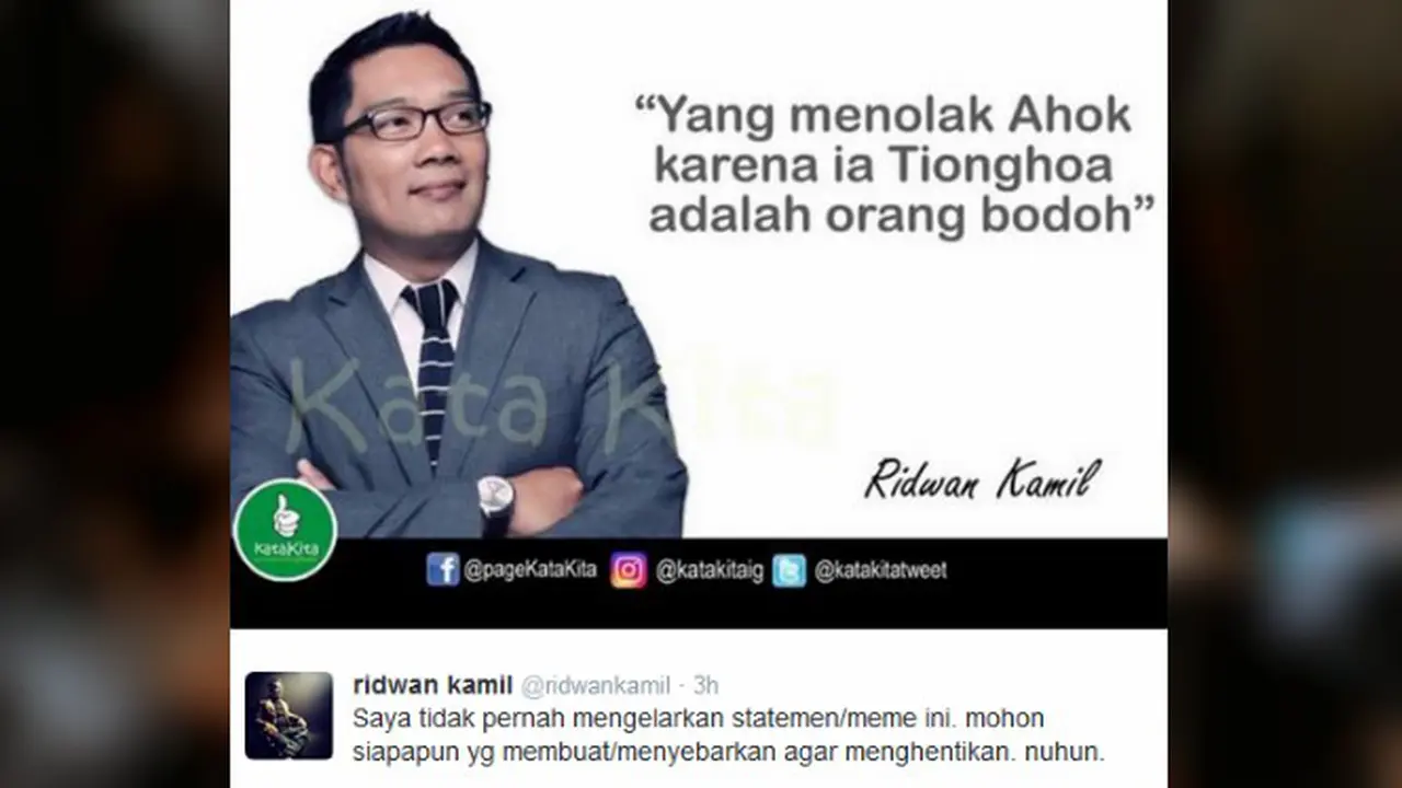 Ridwan Kamil memrotes sebuah akun media sosial yang memuat fotonya dan sebuah kalimat bernada dukungan terhadap bakal calon gubernur DKI Jakarta BAsuki Tjahaja Purnama atau Ahok