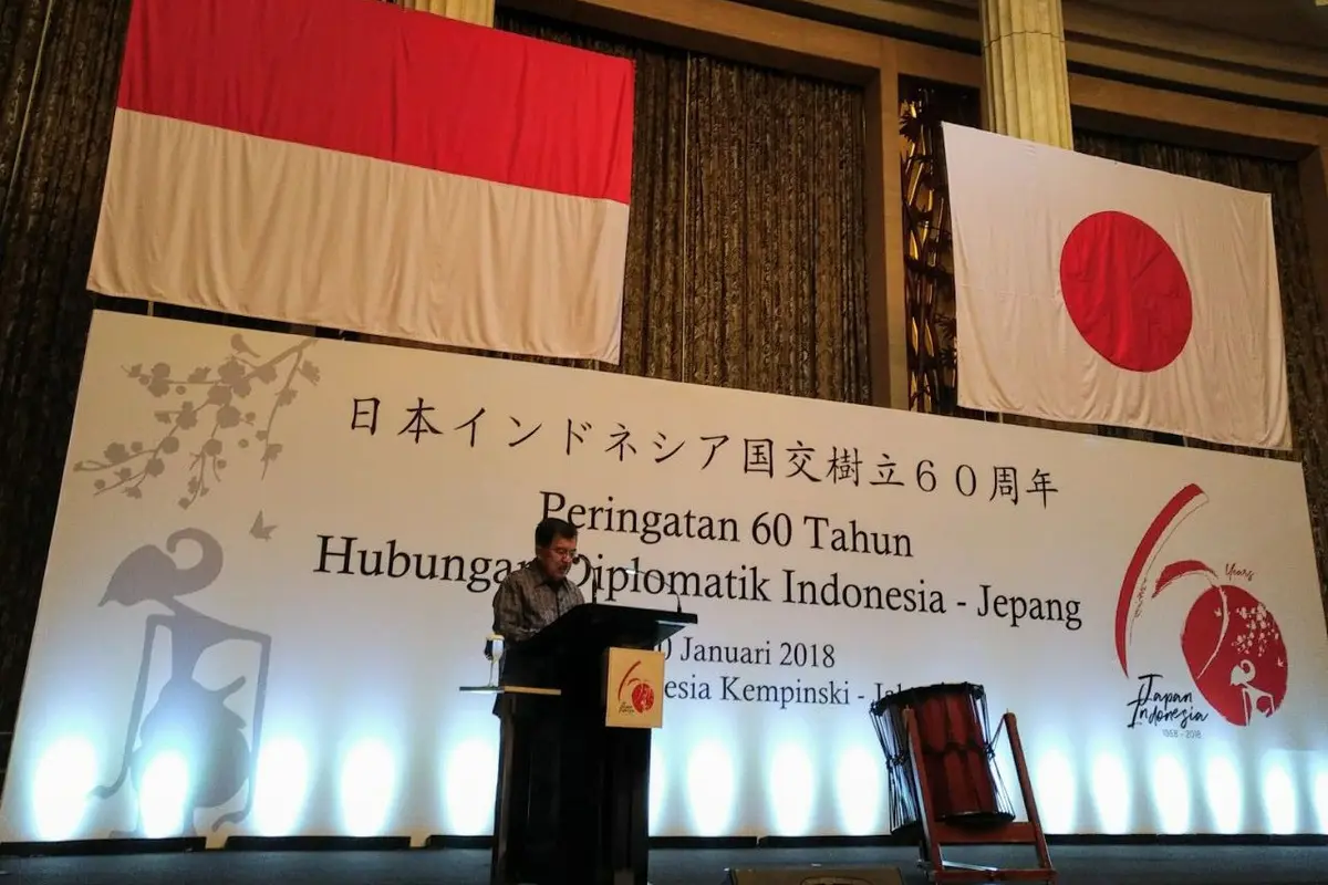 Wapres Jusuf Kalla menghadiri upacara pembukaan Perayaan 60 Tahun Hubungan Diplomatik Indonesia-Jepang di Hotel Indonesia Kempinski, Jakarta Pusat.