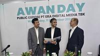 PT Era Digital Media Tbk (AWAN) menggelar public expose di Jakarta. Hadir Direktur Utama AWAN Shaanee P. Harjani, Direktur Keuangan AWAN Soundararajan Venkatachari serta Direktur Eranyacloud Fani Fatullah. (Dok AWAN)