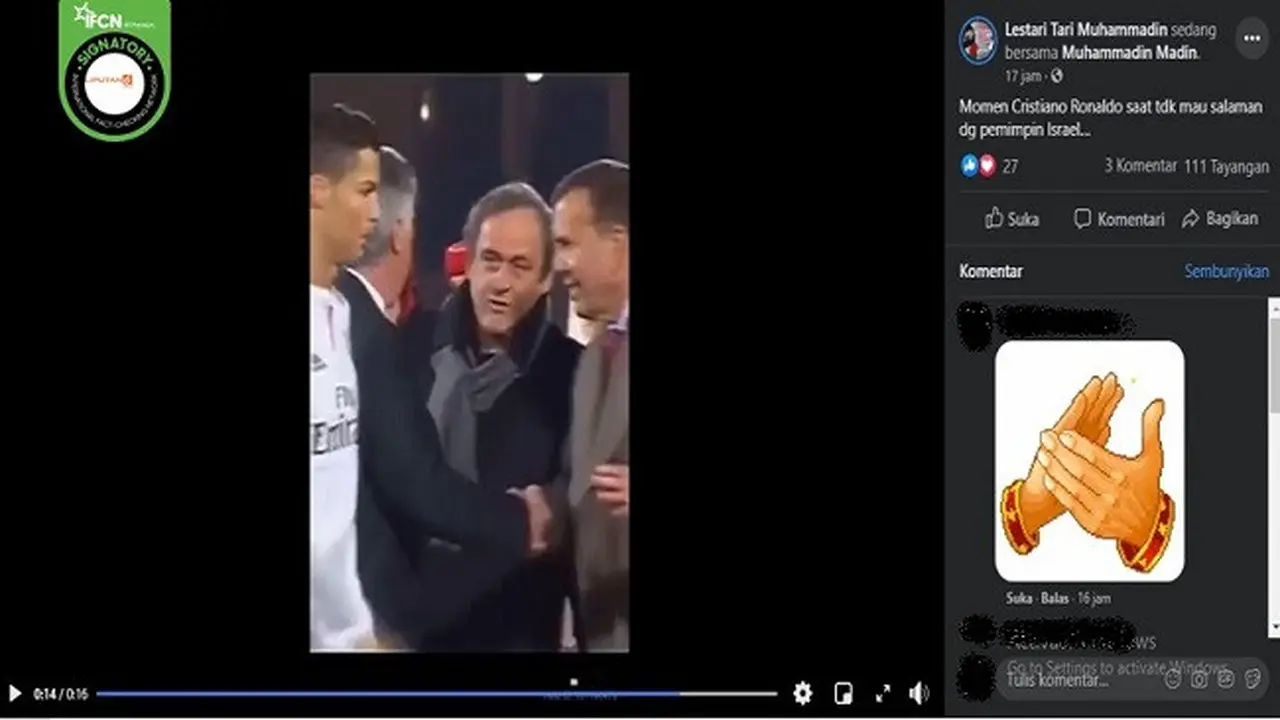 Gambar Tangkapan Layar Video yang Diklaim Ronaldo Tolak Bersalaman dengan Pemimpin Israel (sumber: Facebook)
