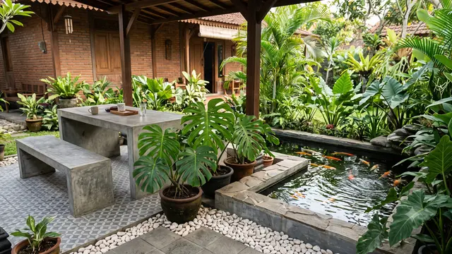 Ide Teras Rumah dengan Meja Semen dan Tanaman Monstera