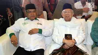 Ketua Umum Pengurus Besar Nahdlatul Ulama (PBNU) KH Said Aqil Siradj (kiri) bersama Rais Aam PBNU KH Ma'ruf Amin (kanan) menghadiri sekaligus membuka acara Grand Launcing hari Santri 2017 di Gedung PBNU, Jakarta, Kamis (10/8). (Liputan6.com/Johan Tallo)