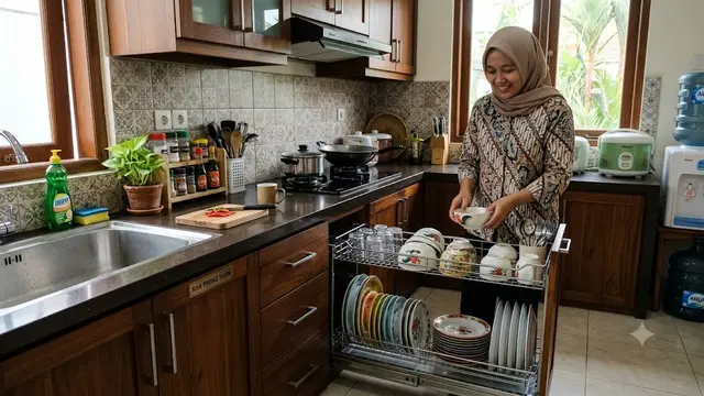 Ide Dapur dengan Rak Piring Tarik dan Tempat Bumbu Tersembunyi