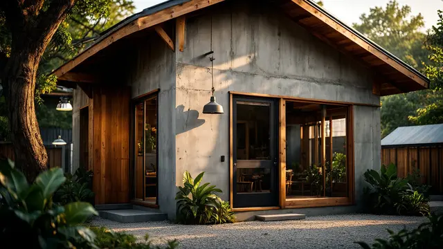 Inspirasi Rumah Semi Kayu dengan Dinding Semen Ekspos yang Adem (AI)