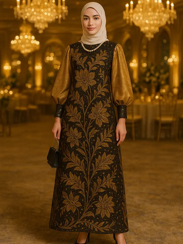 Desain Baju Gamis dan Tunik Batik Emas untuk Kondangan Glamor