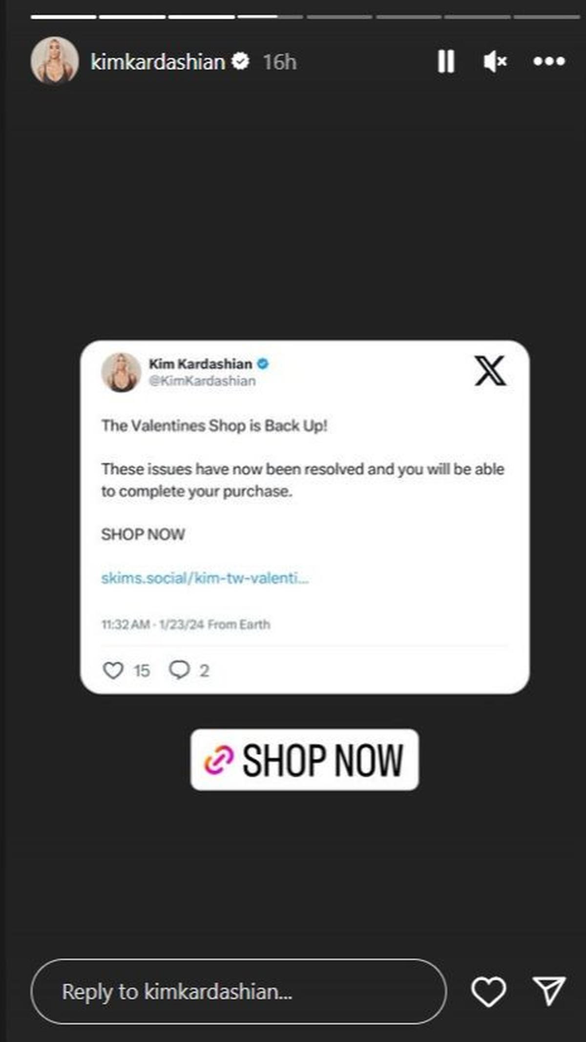 Kardashian dan tim SKIMS cepat merilis pernyataan, "Karena lonjakan pengunjung yang luar biasa dan permintaan tak terduga untuk peluncuran Valentine's Day kami, situs Skims kami mengalami gangguan. Shopify sedang berusaha menyelesaikan masalah ini secepat