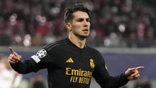 Pemain Real Madrid, Brahim Diaz mencetak gol kemenangan timnya ke gawang RB Leipzig pada laga leg pertama 16 besar Liga Champions 2023/2024 di Red Bull arena stadium, Leipzig, Jerman, Rabu (14/02/2024) dini hari WIB. (AP Photo/Matthias Schrader)