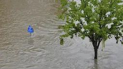 Tanda penyeberangan terlihat di taman yang banjir di samping sungai Han menyusul hujan deras di Seoul (11/8/2020). Musim hujan Korea Selatan, yang dimulai pada 24 Juni, menyamai rekor sebelumnya 49 hari yang ditetapkan pada 2013, kata Badan Meteorologi Korea. (AFP/Jung Yeon-je)