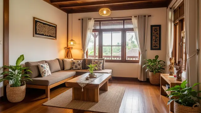 Desain Ruang Tamu Rumah Kampung Minimalis yang Nyaman Buat Nerima Tamu Model Aksen Kayu Alami dan Sentuhan Tradisional
