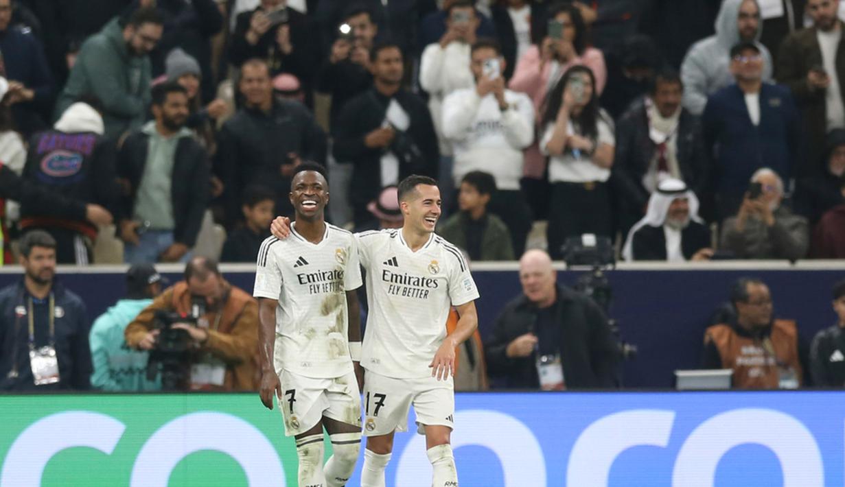 Pertandingan di Stadion Lusail di Qatar berlangsung berat sebelah. Real Madrid bermain dominan dan hanya sesekali membiarkan lawan mereka mengancam lewat serangan balik. (AP Photo/Hussein Sayed)
